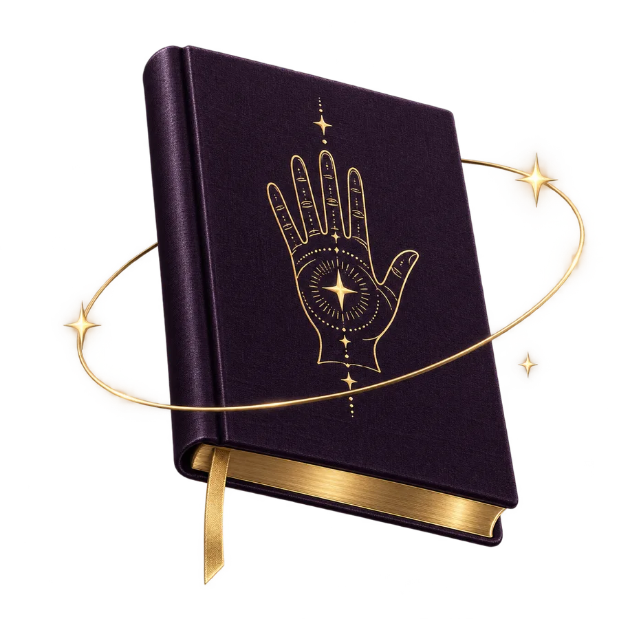 A purple journal embossed with a gold hand and star, ringed by an orbit of light
